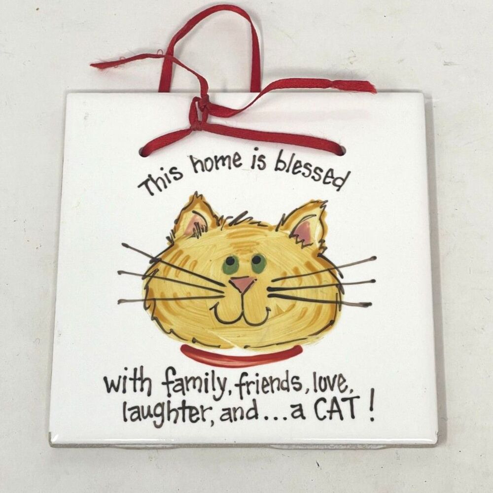 Vintage Cat Tile Blessed House Kitty Wall Plaque Ceramic Art 4"x4" Humor Trinket